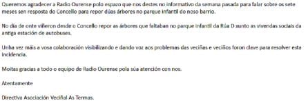 La Asociación Vecinal ha querido agradecer la colaboración de esta casa en la solución del problema