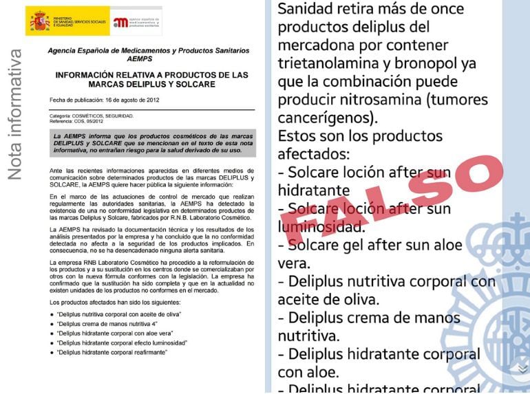 Aviso de la Policía Nacional sobre el regreso del bulo sobre las cremas de Mercadona.