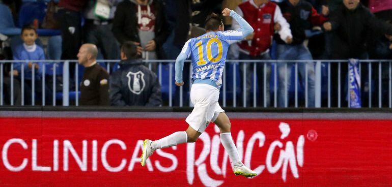 l delantero portugués del Málaga Ricardo Horta, celebra su gol, segundo del equipo, durante el encuentro de la ida de octavos de final de la Copa del Rey que Málaga y Levante disputan esta noche en el estadio de La Rosaleda