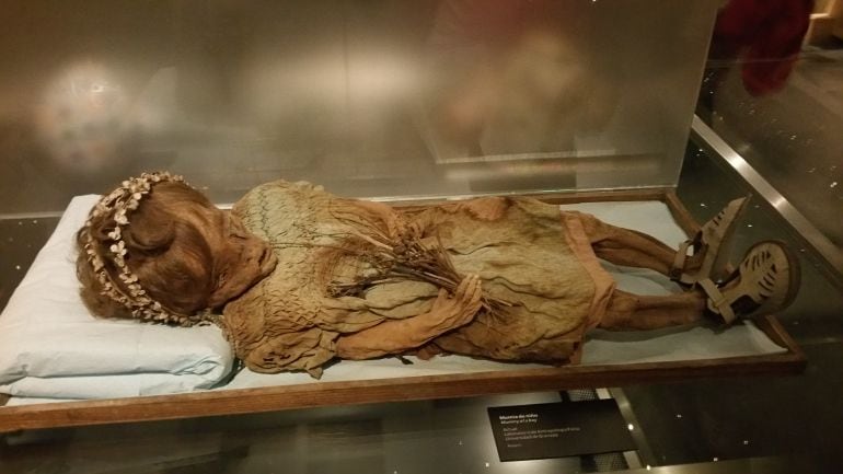 Momia expuesta en el Parque de las Ciencias de Granada en la exposición 'Momias, testigos del pasado'.