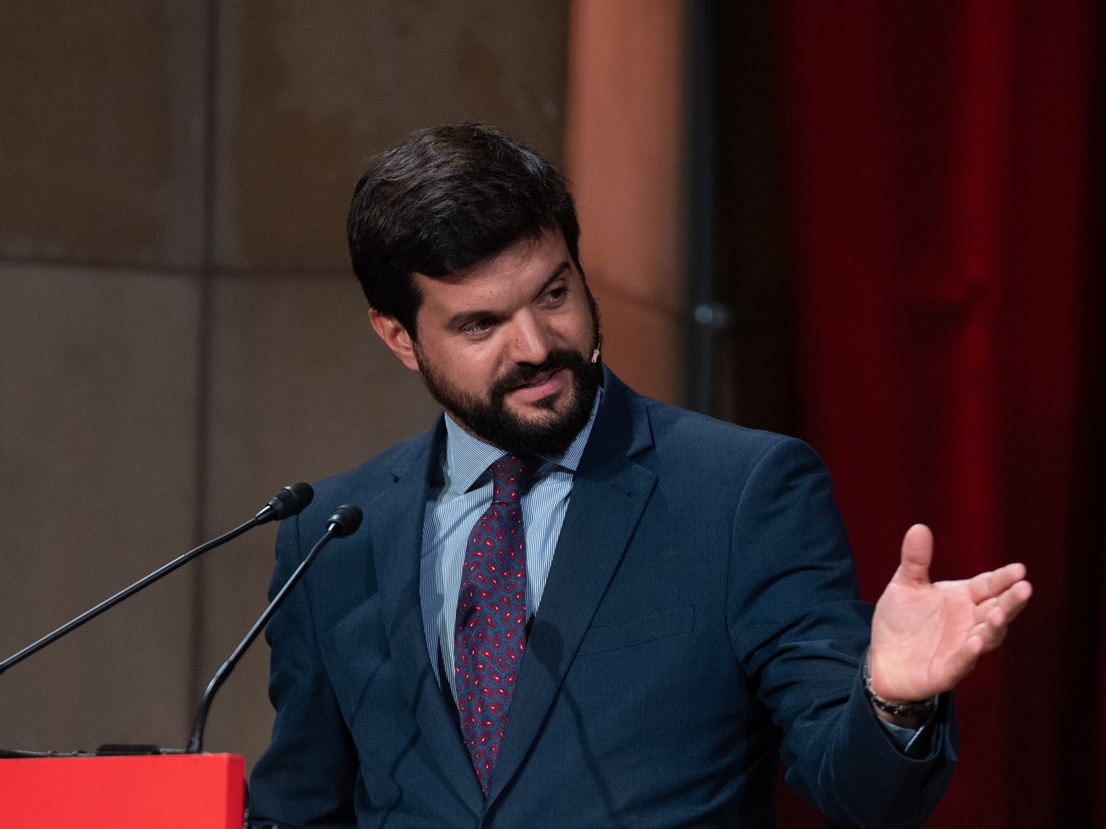 BARCELONA CATALONIA, SPAIN - OCTOBER 23: The president of the Union of Sports Federations of Catalonia (Ufec), Gerard Esteva, during a press conference on October 23, 2023, in Barcelona, Catalonia, Spain. The Commission for the Expansion of Barcelona-El Prat Airport, promoted by Foment del Treball, has proposed extending runway 24L/06R a total of 840 meters above the Ricarda green reserve, &quot;preserving the underwater biodiversity&quot; and the natural space in a broad sense. With this proposal, the runway would reach 3,500 meters in length to ensure that &quot;all&quot; aircraft on the market can operate in the worst weather conditions. (Photo By David Zorrakino/Europa Press via Getty Images)