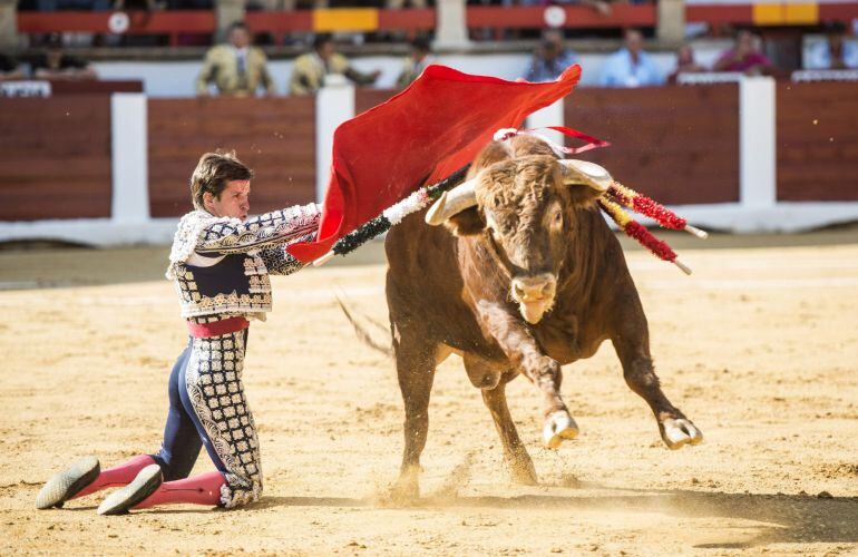 El diestro Julián López &quot;El Juli&quot; da un pase con la muleta durante la corrida solidaria en Cáceres