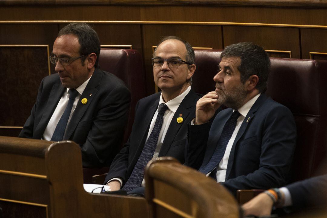 De izquierda a derecha, Rull, Sànchez y Turull en le pleno de apertura en el Congreso de los Diputados el pasado mes de mayo.