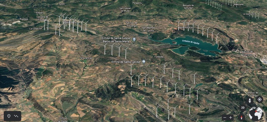 Simulación de una vista aérea de cómo se vería la instalación de polígonos eólicos y fotovoltaicos en la Montaña Palentina