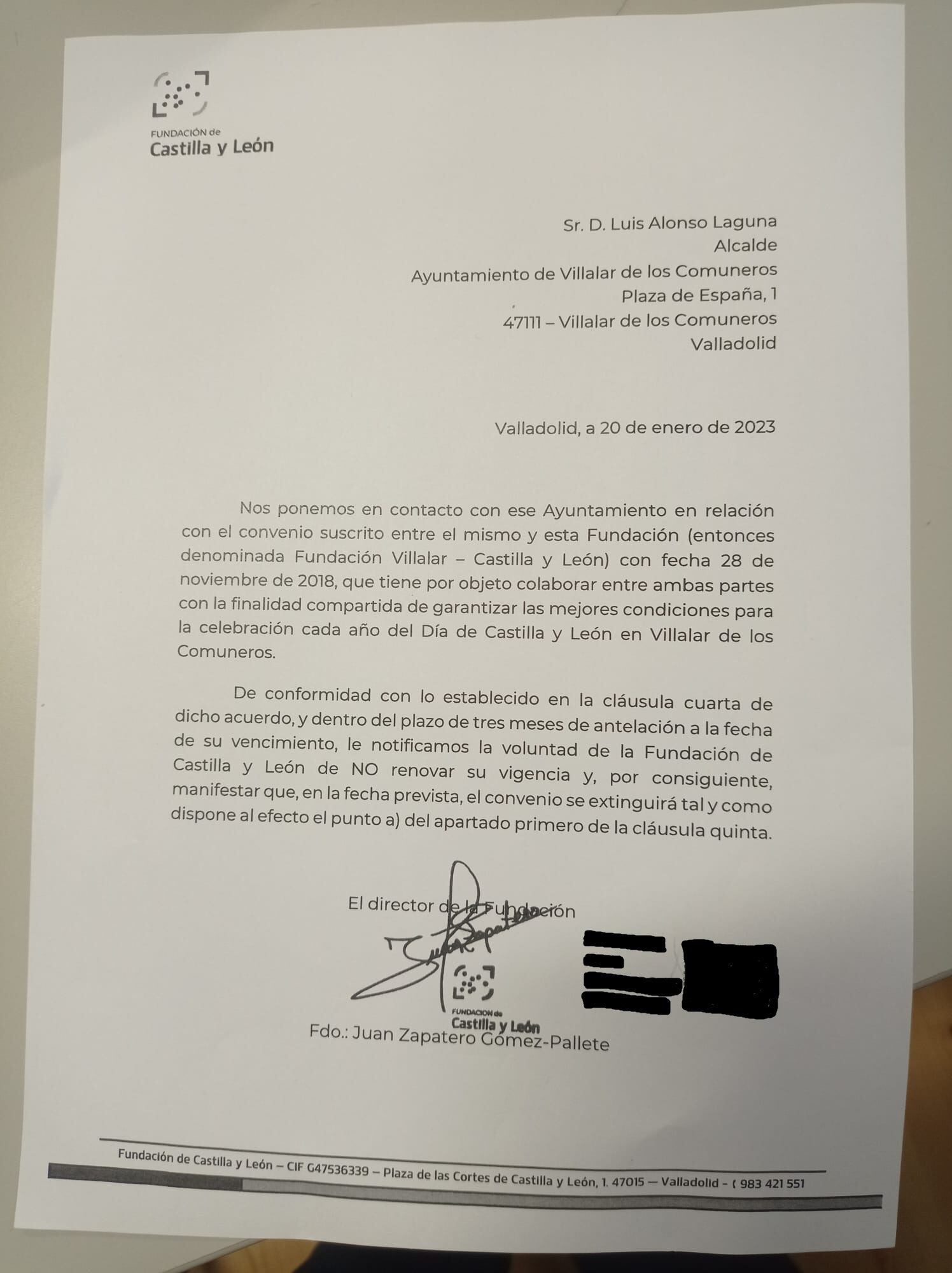 Carta de la Fundación Castilla y León dirigida al Ayuntamiento de Villalar