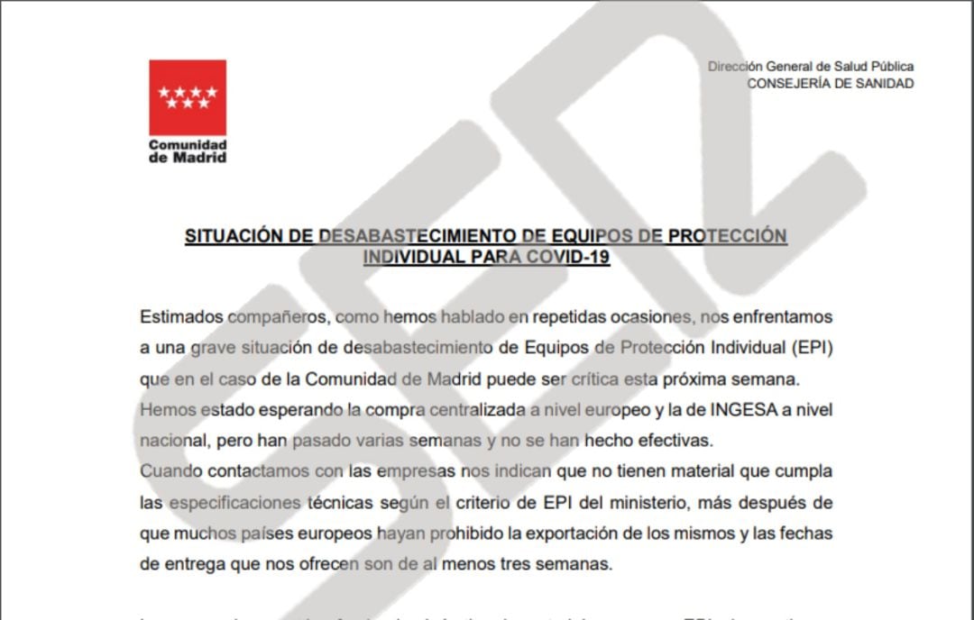 Carta enviada por la directora de Salud Pública de la Comunidad de Madrid.