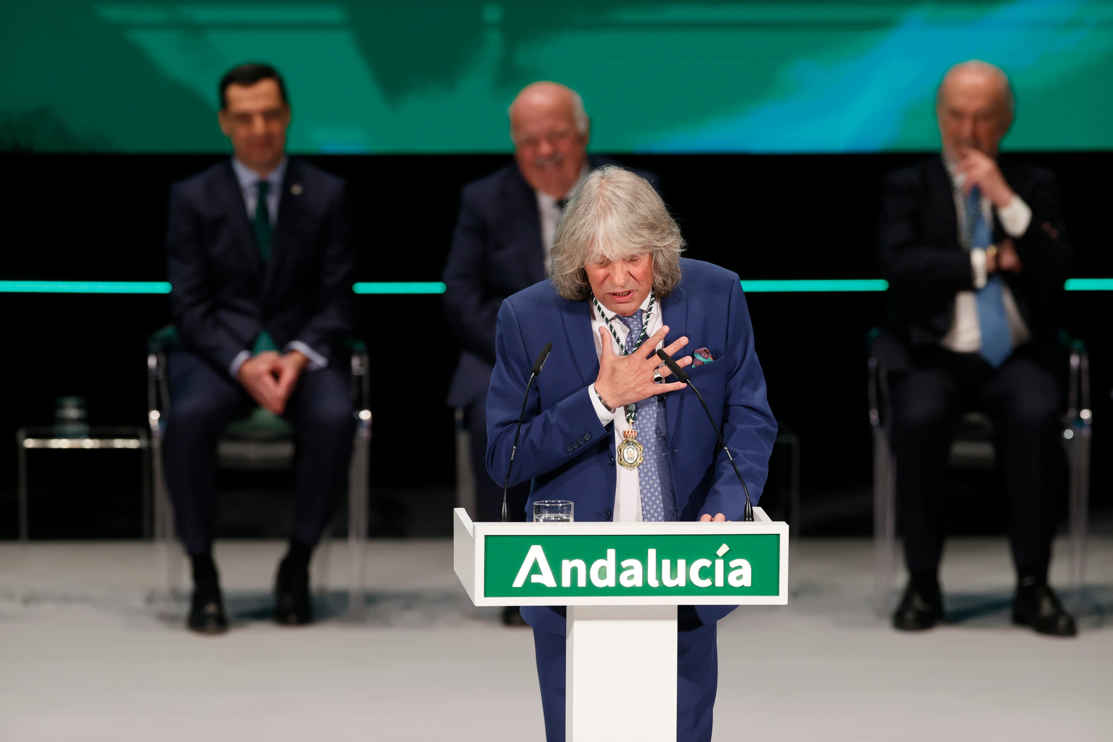 El cantaor José Mercé durante su intervención tras recibir la distinción de Hijo Predilecto de Andalucía, durante el acto institucional con motivo del Día de Andalucía 