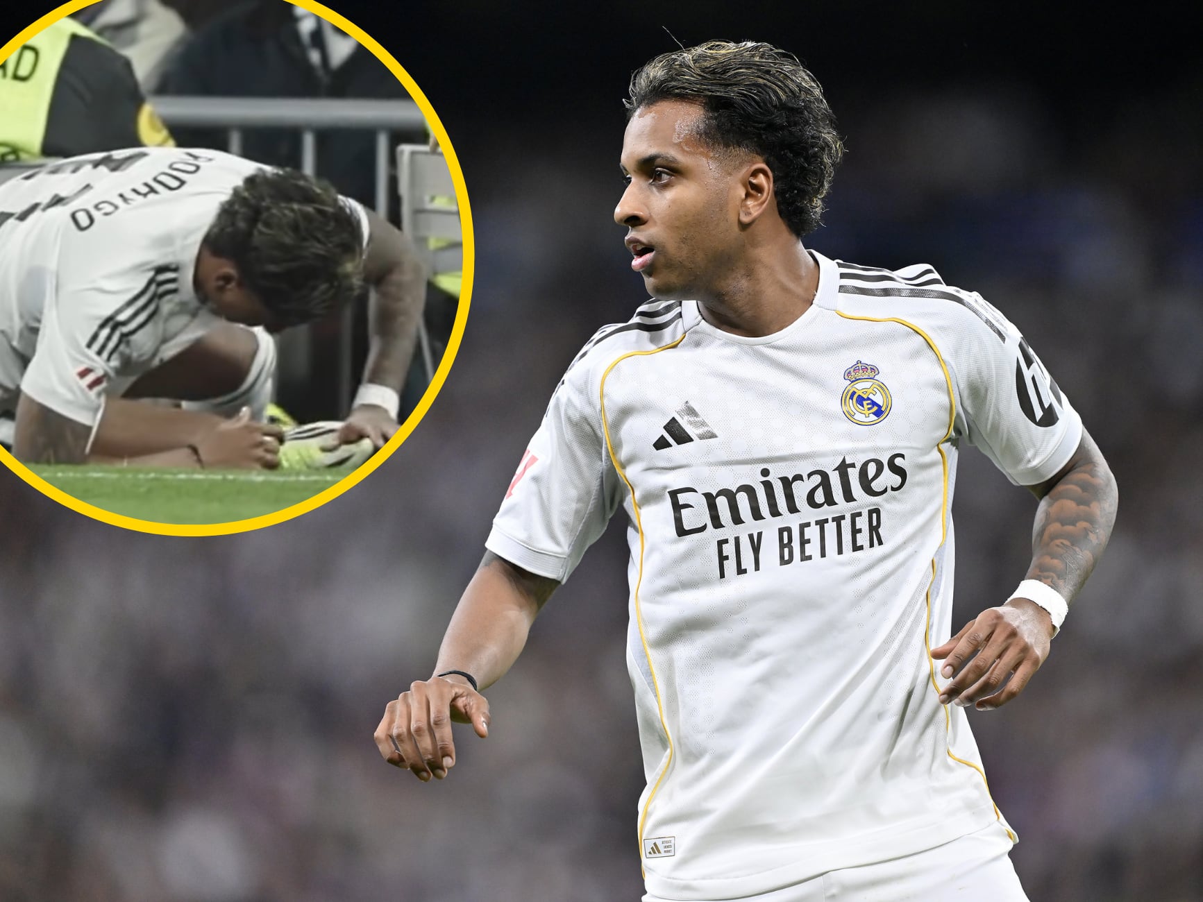 En un montaje, Rodrygo junto al momento en el que se produjo su lesión de rodilla