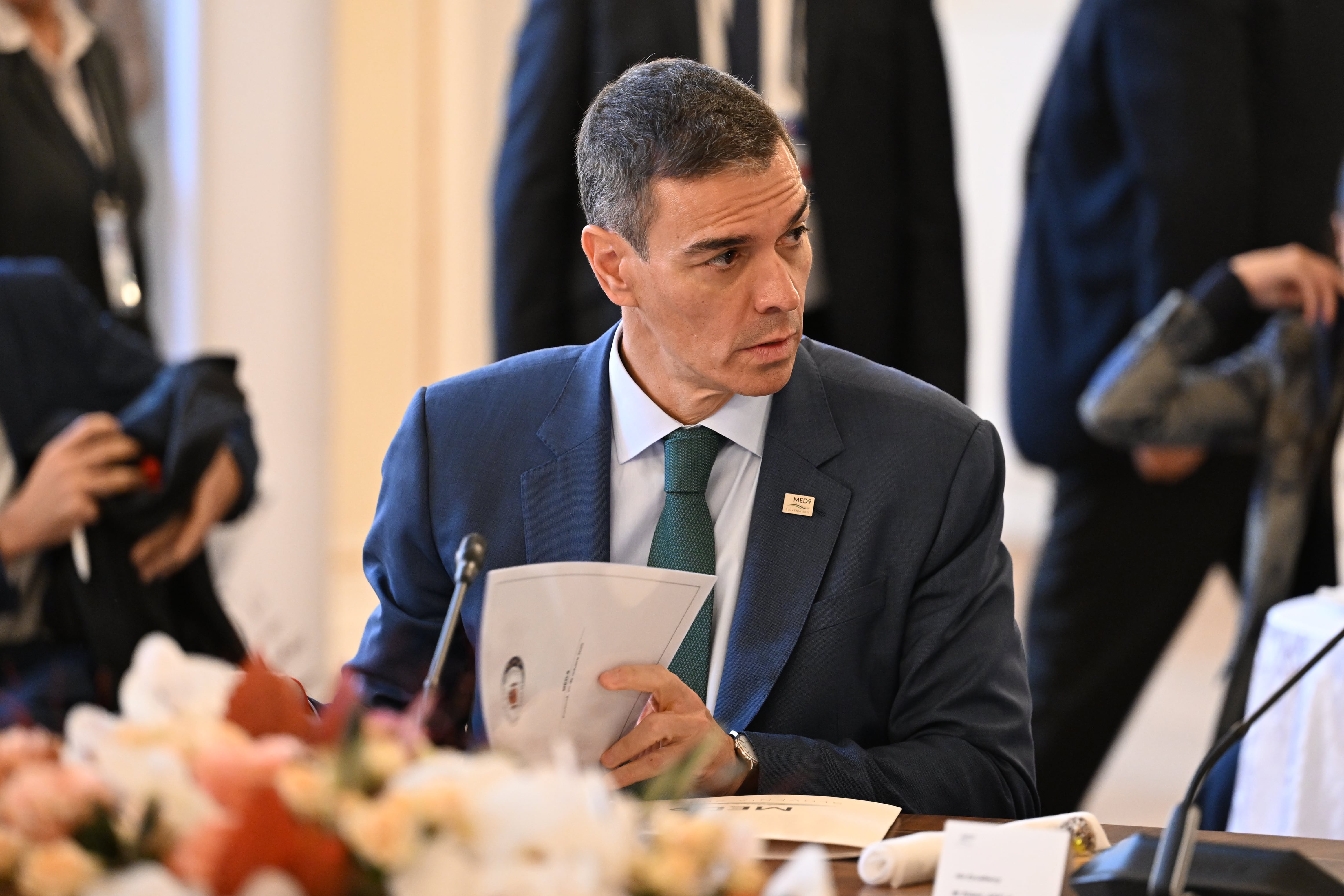 El presidente del Gobierno español, Pedro Sánchez, durante su participación este lunes en la cumbre euromediterránea celebrada en Portoroz (Eslovenia). 