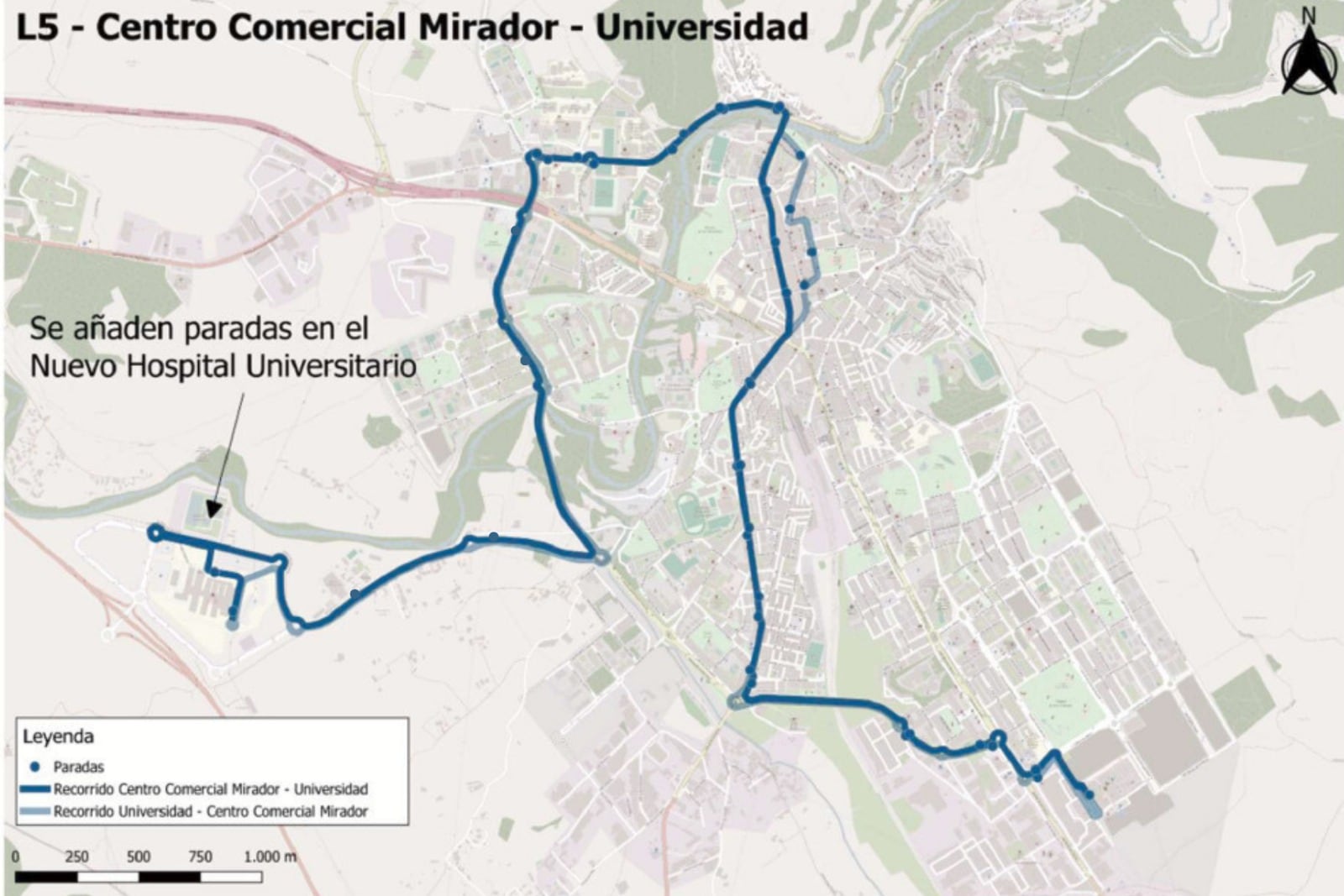 Plano de la ampliación de la línea 5 de autobús urbano de Cuenca para dar servicio al nuevo hospital.
