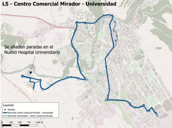 Plano de la ampliación de la línea 5 de autobús urbano de Cuenca para dar servicio al nuevo hospital.