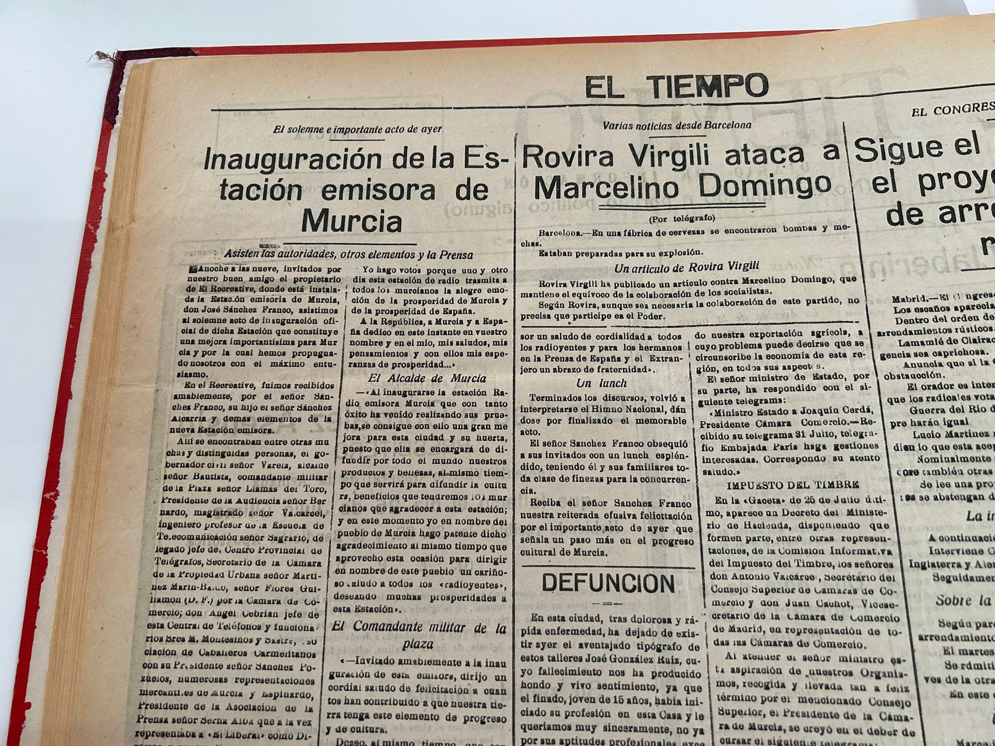 El diario El Tiempo también se hizo eco de la inauguración de Radio Murcia