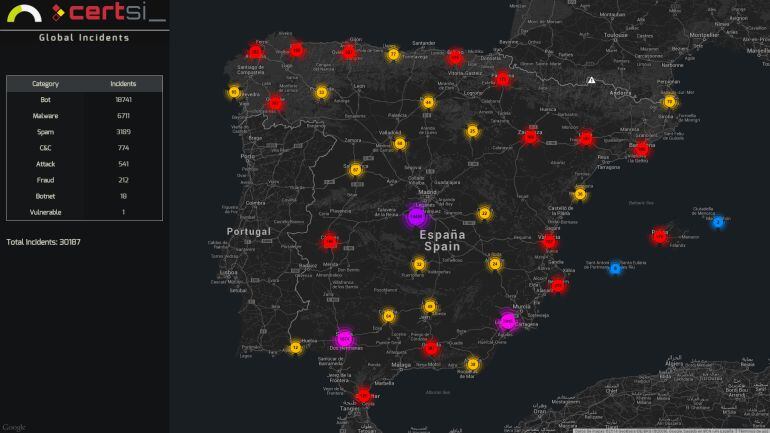 Gráfico en tiempo real de ciberataques lanzados esta misma mañana contra España