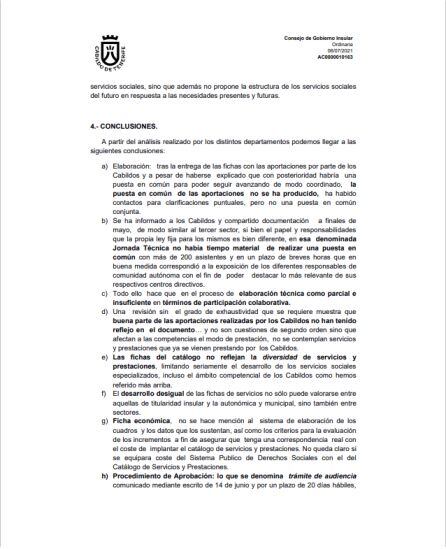 Fragmento del informe del Consejo de Gobierno del Cabildo de Tenerife