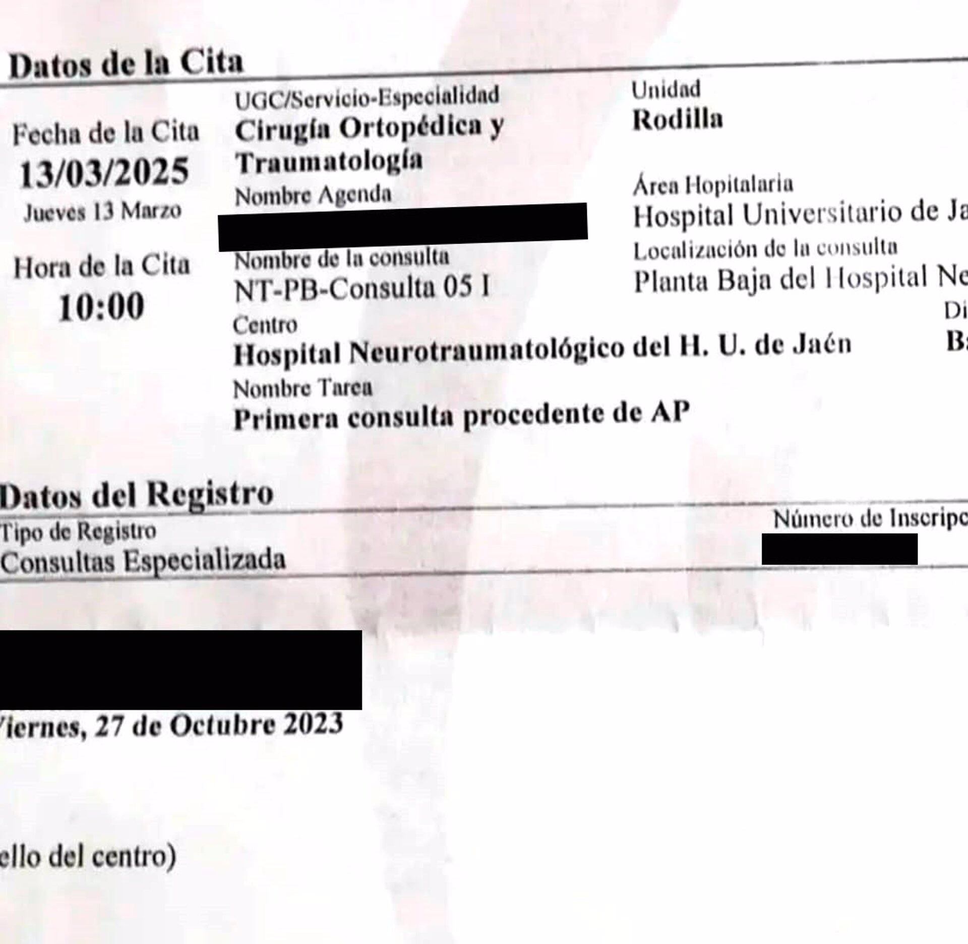 06/11/2023 Imagen de una cita del Hospital de Jaén para marzo de 2025.
POLITICA 
PSOE DE JAÉN
