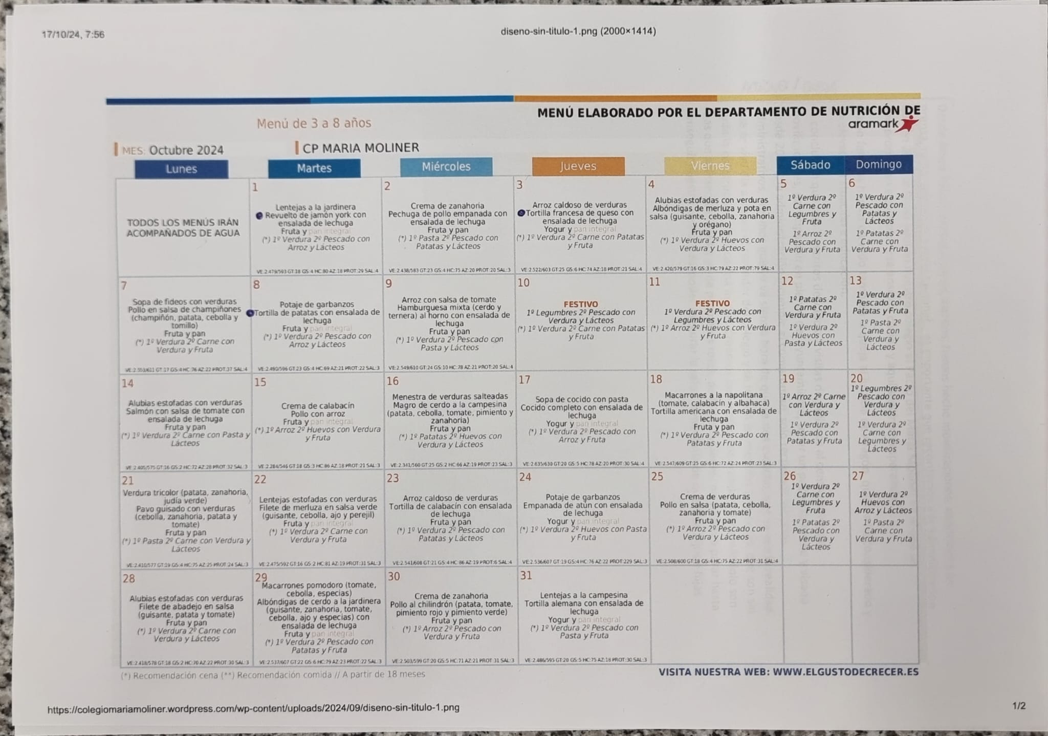 Menú del mes de octubre del CEIP María Moliner