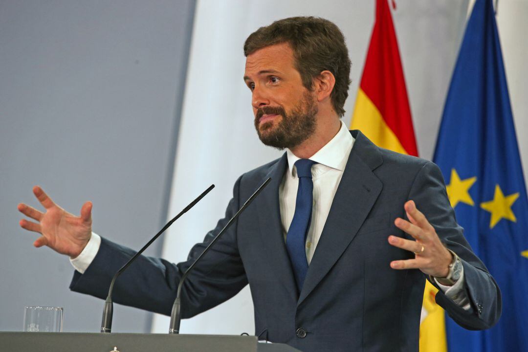 El presidente del PP, Pablo Casado, durante una de sus últimas ruedas de prensa