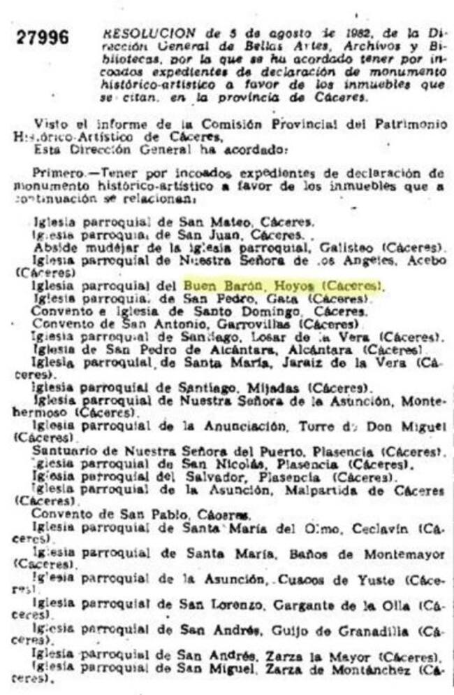 Publicación del BOE de octubre de 1982 donde se lee "IGlesia del Buen Barón"