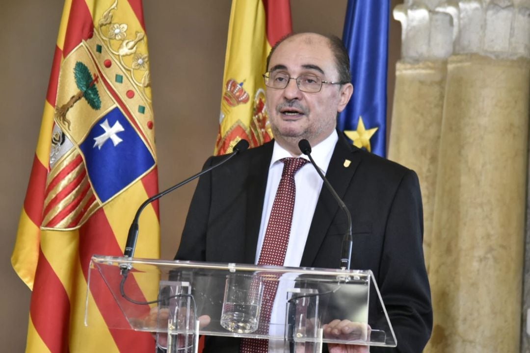 El presidente de Aragón, Javier Lambán, durante su discurso en la toma de posesión de su cargo