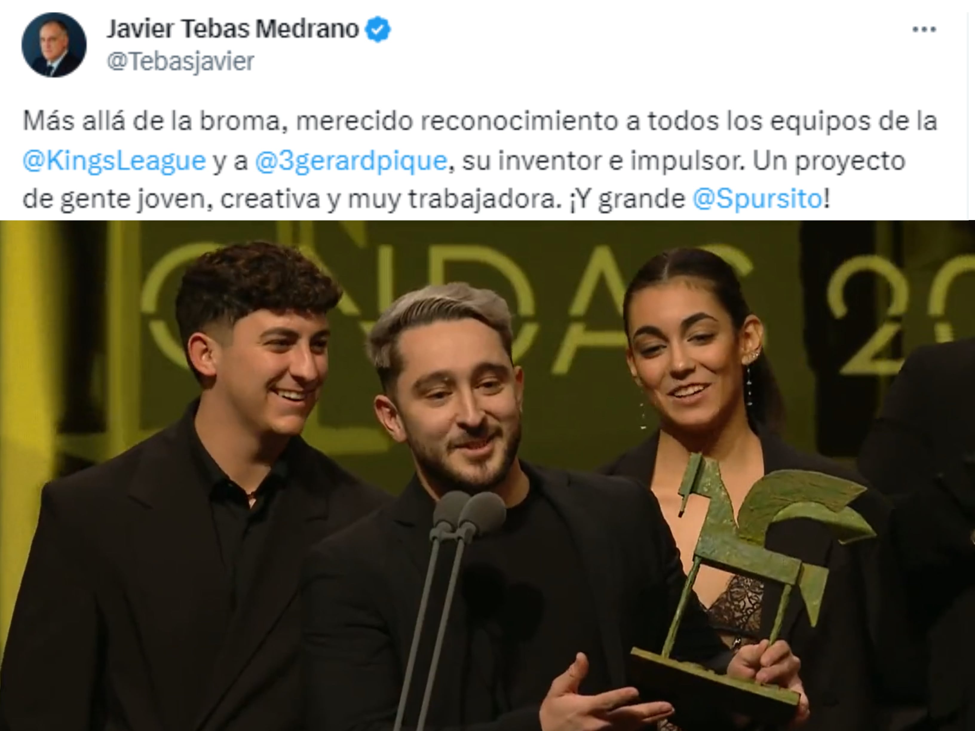 El tuit de Javier Tebas (arriba) y Spursito agradeciendo el premio (abajo)