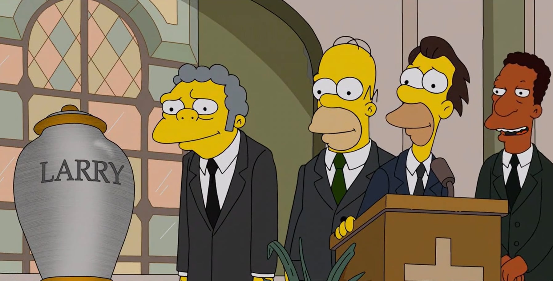 Moe, Homer, Lenny y Carl se despiden de Larry.