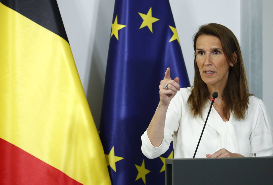 Belgian Prime Minister Sophie Wilmes speaks during a press conference after a meeting of the National Security Council