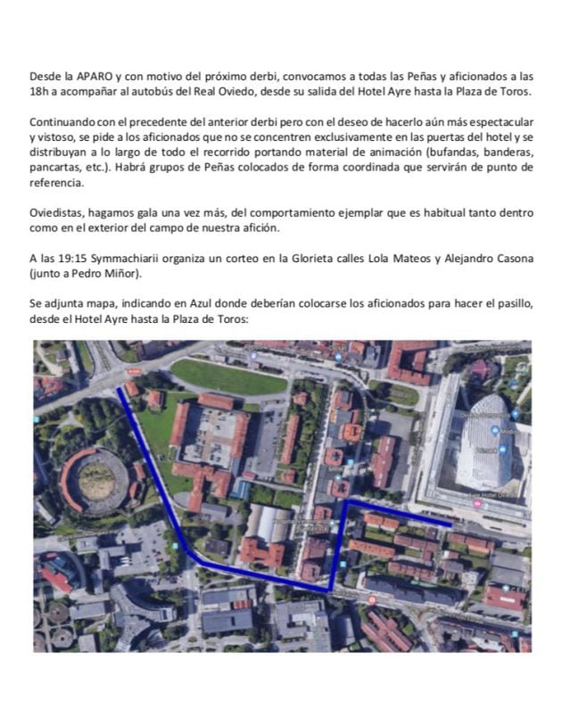 Recorrido que realizará el autobús del Real Oviedo desde su salida del hotel hasta la llegada al Carlos Tartiere.