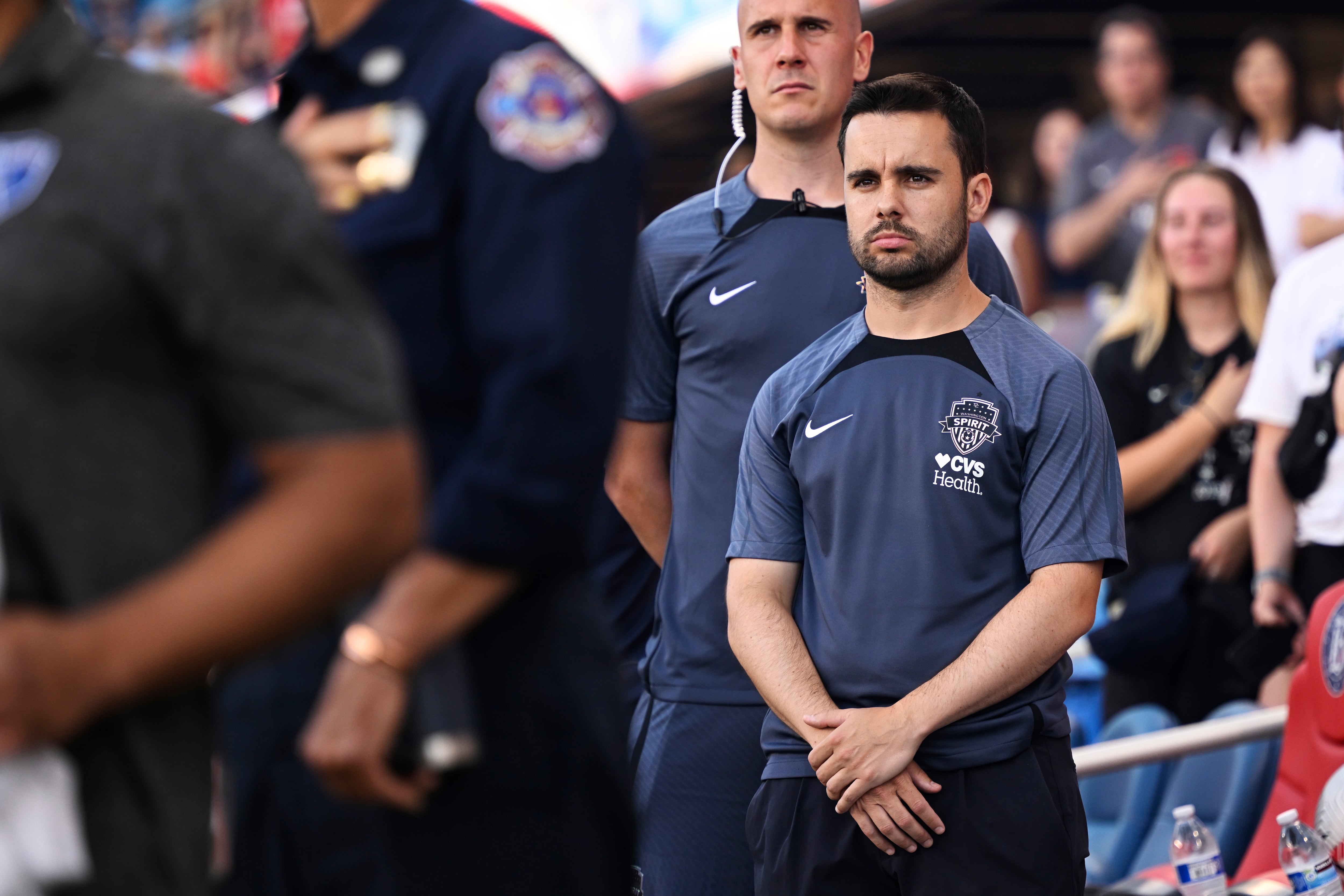 SAN JOSE, CALIFORNIA - JULY 06: Head coach Jonatan Giráldez of Washington Spirit stands during the National Anthem before their game against Washington Spirit at PayPal Park on July 06, 2024 in San Jose, California. (Photo by Eakin Howard/Getty Images)