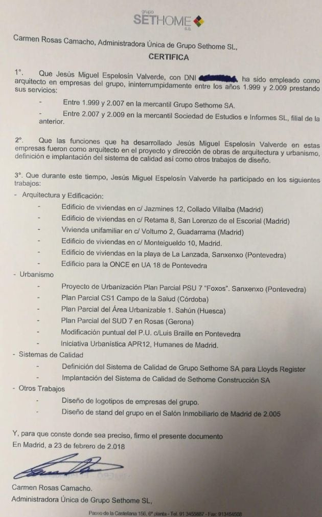 Documento expedido por Carmen Rosas en el que acredita la experiencia de Jesús Miguel Espelosín