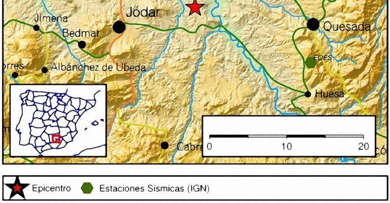 Mapa de la zona de La Loma y Mágina donde han tenido lugar los terremotos.