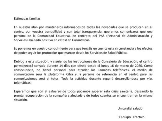 Comunicación enviada a los padres.