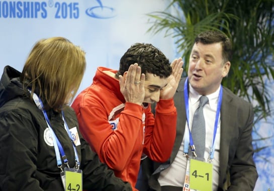 ZEN075. Shanghai (China), 28/03/2015.- Javier Fernandez (C) from Spain reacts as his score is announced during the Men&#039;s Free Skating of the 2015 ISU World Figure Skating Championships at Shanghai Oriental Sports Center in Shanghai, China, 28 March 2015. 