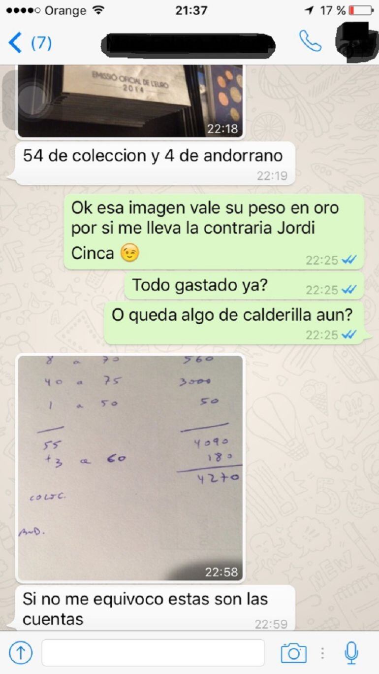 Fragment d'una de les converses per whatsapp mantinguda entre un numismàtic i un intermediari en la compra-venda ilícita de lots d'euros andorrans a la què ha tingut accés la SER i en la què es posa de relleu els preus que es pactaven.