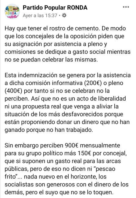 Comunicado del PP de Ronda en Facebook