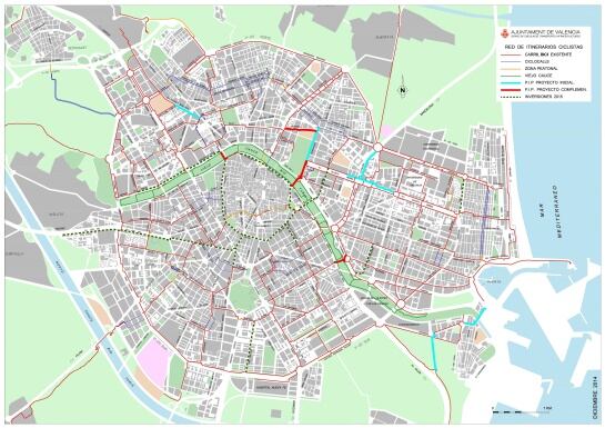 Mapa de la red de carril bici de Valencia y proyectos que se ejecutarán en 2015