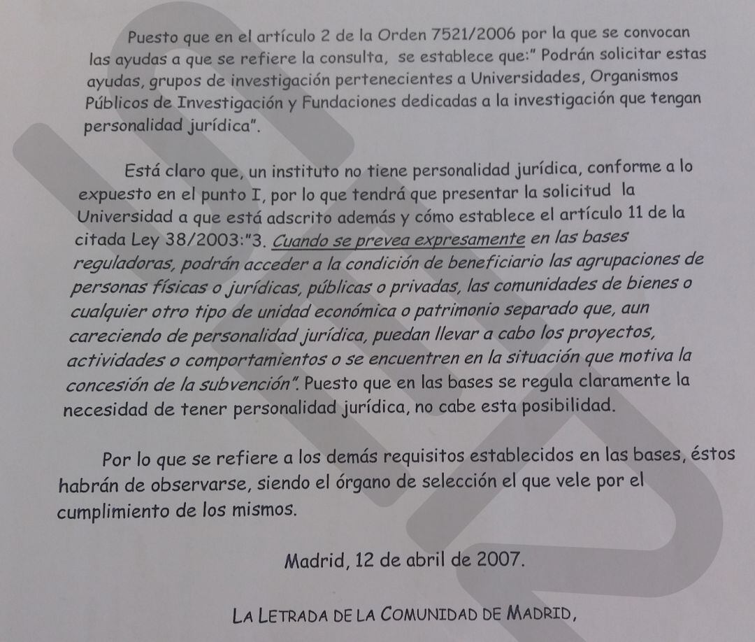 Primer informe de los servicios jurídicos de la Comunidad de Madrid que niega la personalidad jurídica del IDP