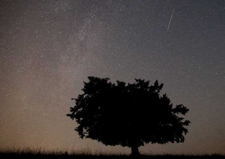 Imagen del cielo nocturno durante una noche de Agosto y donde se aprecia la &quot;caída&quot; de una estrella fugaz.