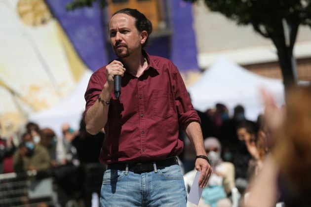 El candidato de Unidas Podemos a la Presidencia de la Comunidad de Madrid, Pablo Iglesias, durante el acto de inicio de campaña del partido para las elecciones a la Asamblea de Madrid.