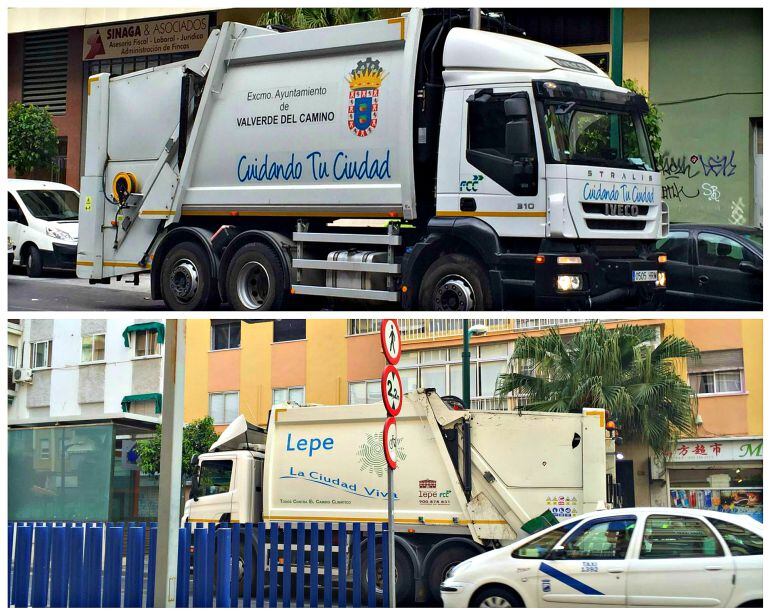 Camiones de FCC procedentes de Valverde del Camino y Lepe (Huelva) en la calles de Málaga