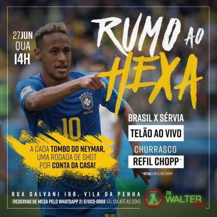 Cartel del pub de Río de Janeiro invitando a chupitos por cada simulación de Neymar.