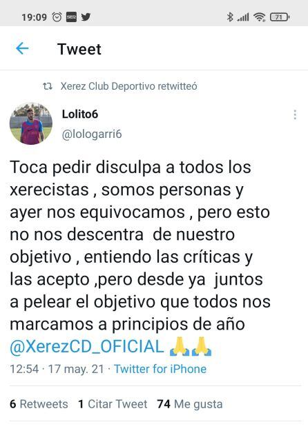 Disculpas de Lolo Garrido en su cuenta de Twitter