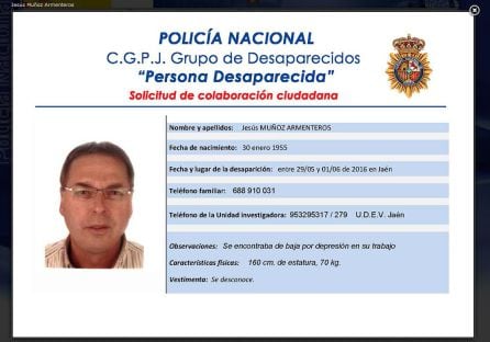 Ficha policial de la desaparici&oacute;n de Jes&uacute;s Mu&ntilde;oz Armenteros.