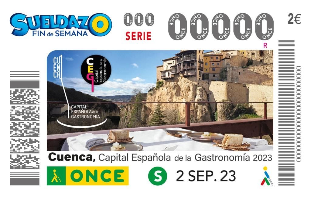 Cuenca como Capital Española de la Gastronomía 2023 es la protagonista del cupón de la ONCE del día 2 de septiembre, con una imagen de las Casas Colgadas.