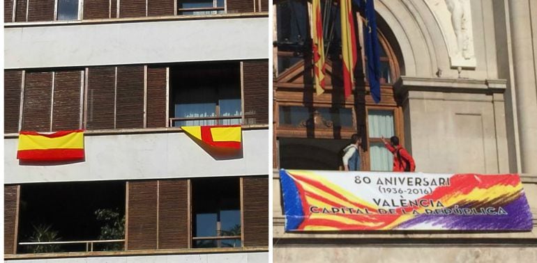 La fachada del edificio donde vive Rita Barberá, con dos banderas nacionales, y el balcón del Ayuntamiento de Valencia