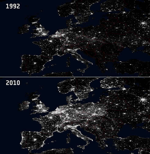 Imágenes por satélite revelan el aumento de luz nocturna en Europa desde 1992 a 2010