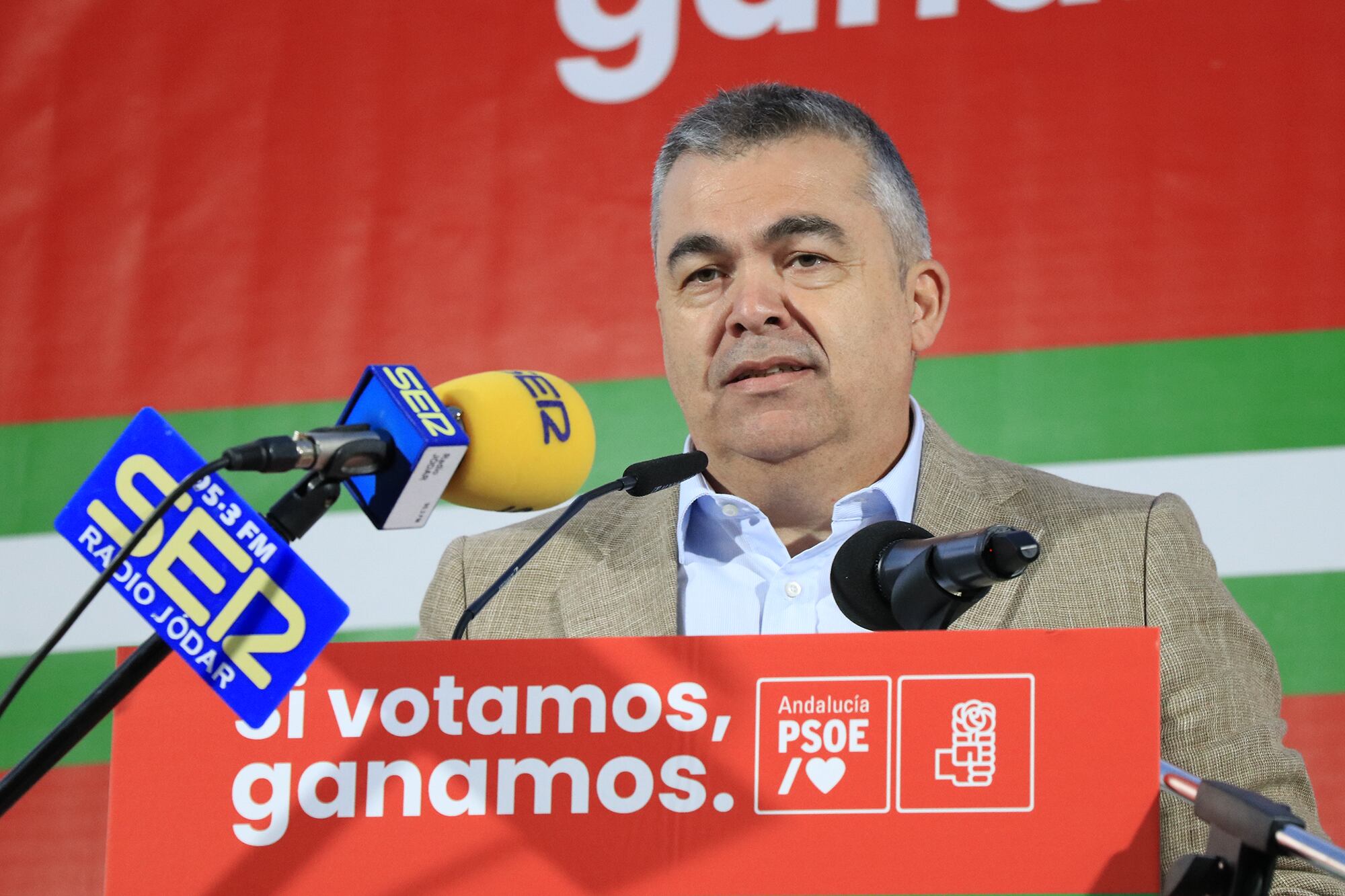 Santos Cerdán, el secretario federal de organización del PSOE, durante un acto mitin en Jódar