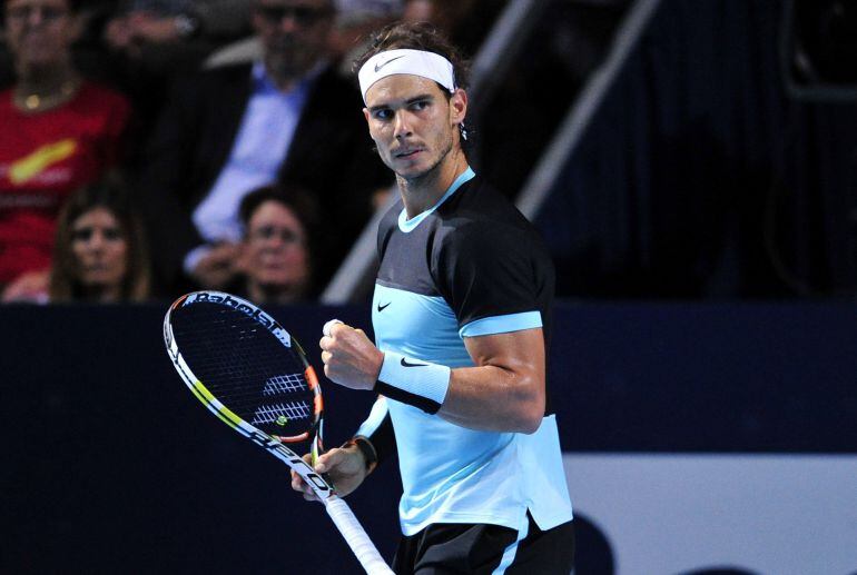 BASEL, SWITZERLAND - NOVEMBER 01:  Rafael Nadal  of Spain celebrates a point during the final match of the Swiss Indoors ATP 500 tennis tournament against Roger Federer of Switzerland at St Jakobshalle on November 1, 2015 in Basel, Switzerland  (Photo by Harold Cunningham/Getty Images)