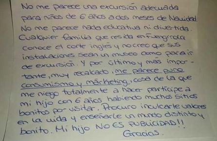 Carta de una madre contra la excursión.