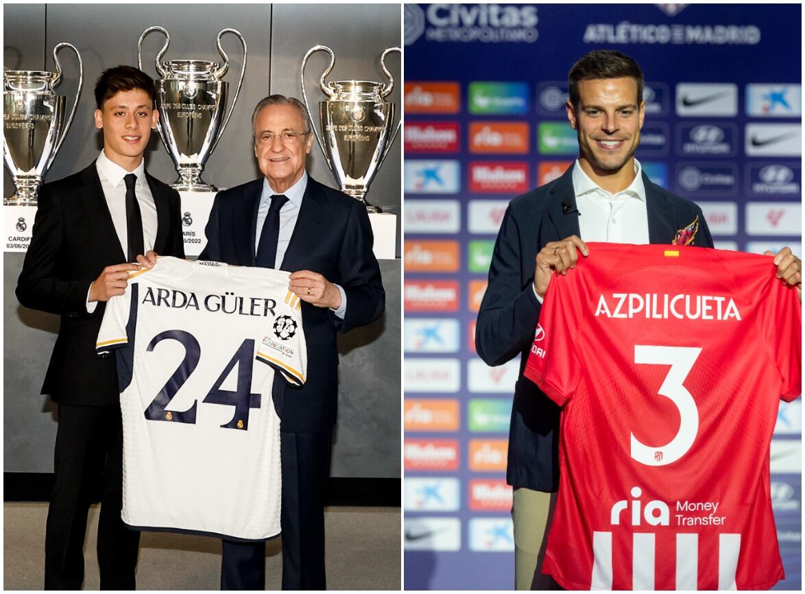 Arda Güler en la presentación con el Real Madrid y Azpiliceuta con el Atlético de Madrid.
