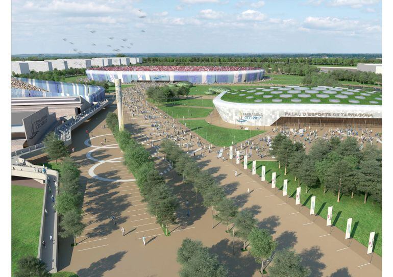 Imatge de virtual de la nova Anella Mediterrània, amb la piscina olímpica a l&#039;esquerra, la pista d&#039;atletisme provisional al fons i el nou palau d&#039;esports a la dreta.